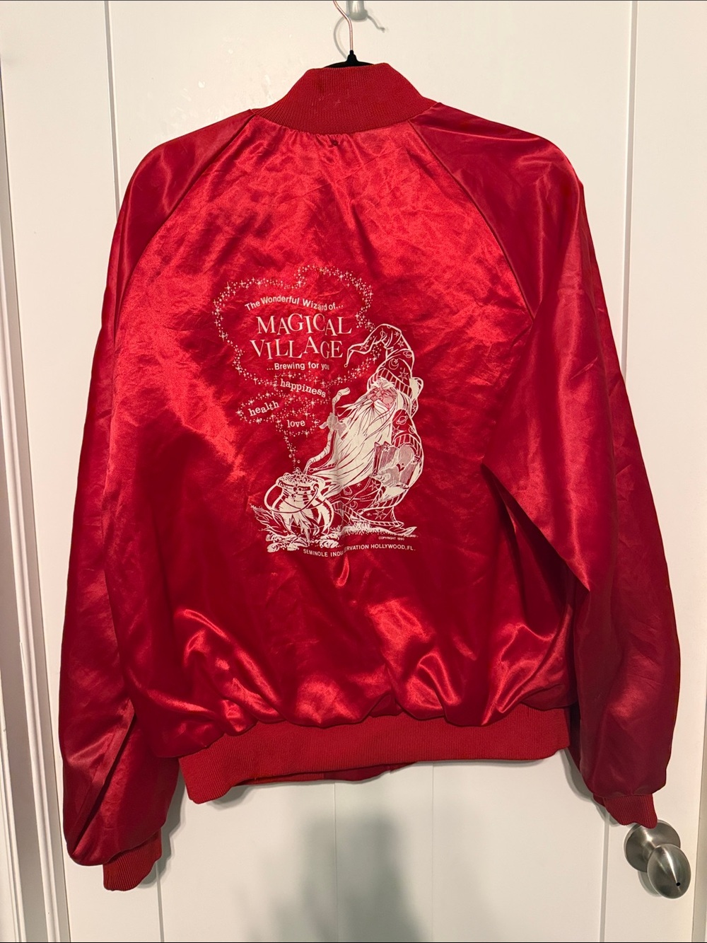 Vintage 90s Red Satin Magical Village Wizard Graphic Bomber Jacket Size XL